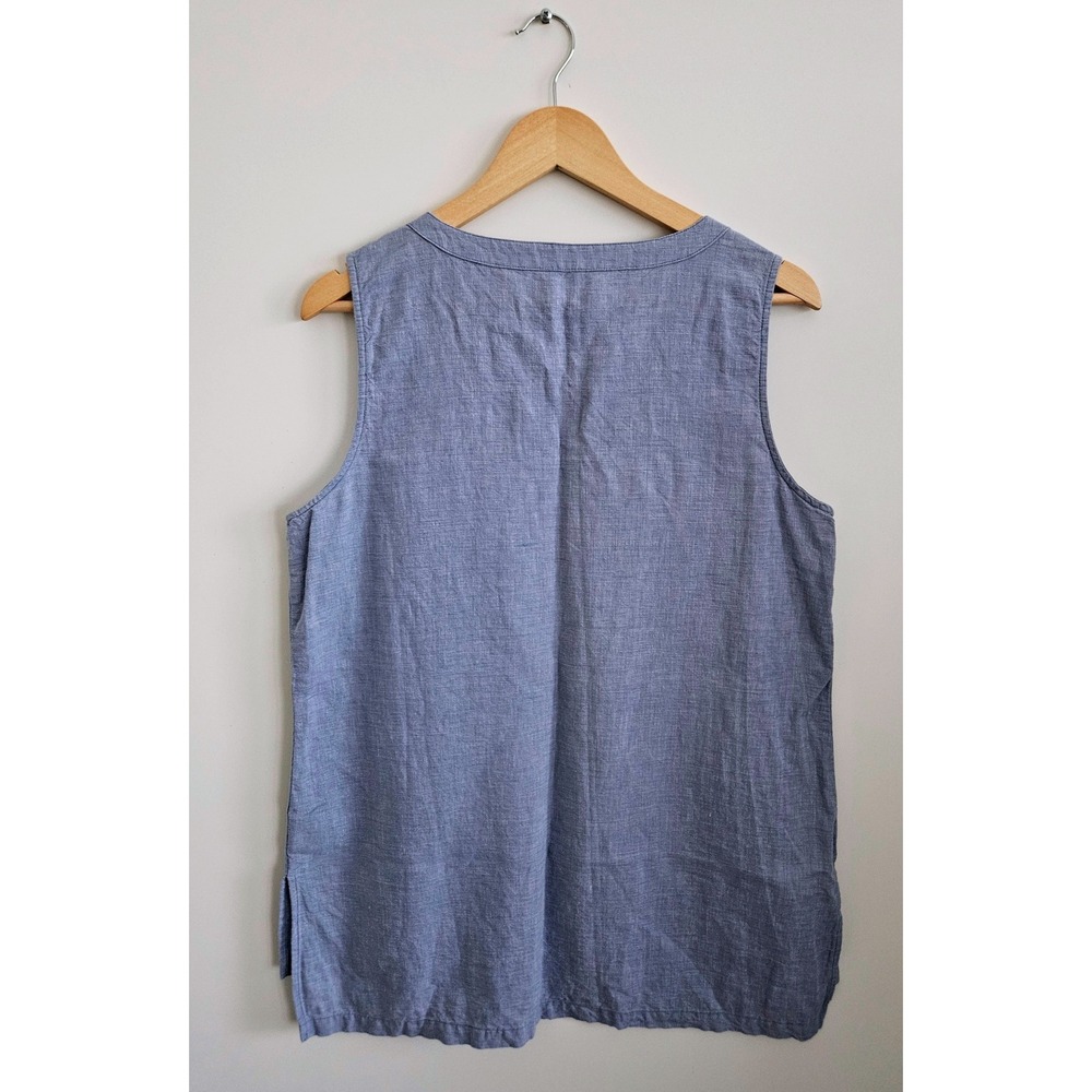 Ellen Tracy Linen Tank Top Large Blue Sleeveless Gold Tassel Zip Coastal Summer - Picture 2 of 6
